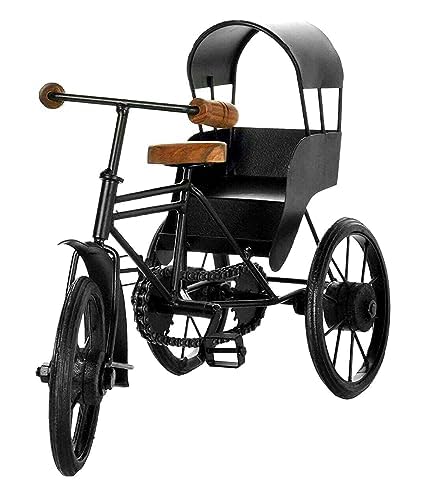 Shivakari Handicraft Wooden Wrought Iron Cycle Rickshaw Showpiece (Black, W x H x L: 16 cm x 21 cm x 34 cm)