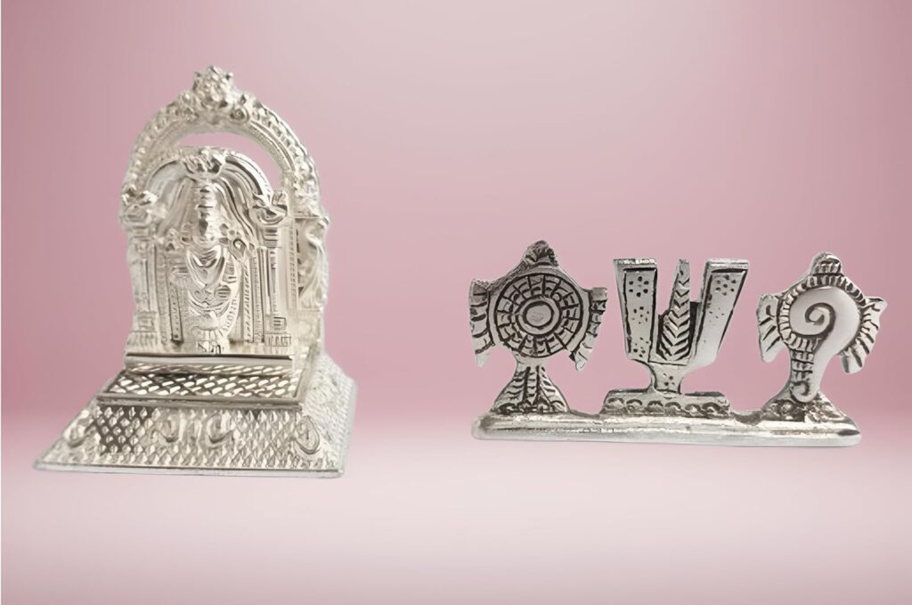 Sri Sisters German Silver Perumal Balaji Idol with Shanku Chakra Namam Set Combo | Sri Venkateswara Tirupati Balaji Statue for Home Pooja, Office & Gifting
