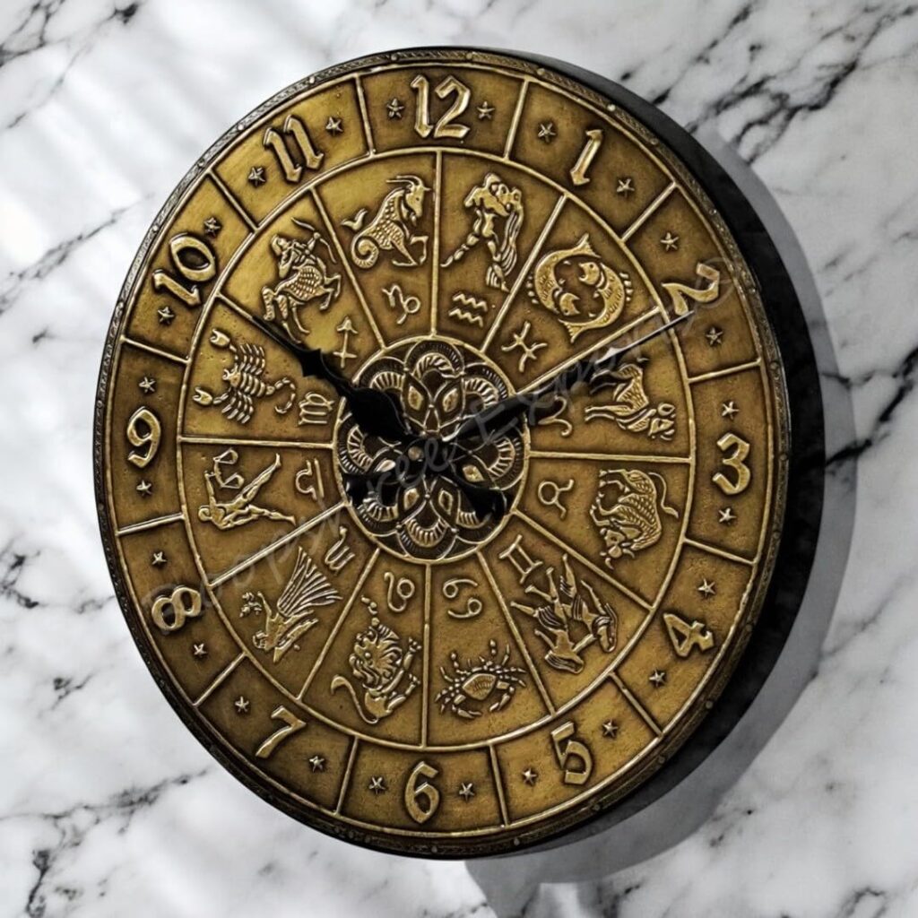 Vintage Handicraft Decorative Wooden Brass Inlay Artware/Handcrafted Zodiac Design Wall Art Clock/VC-8012-12