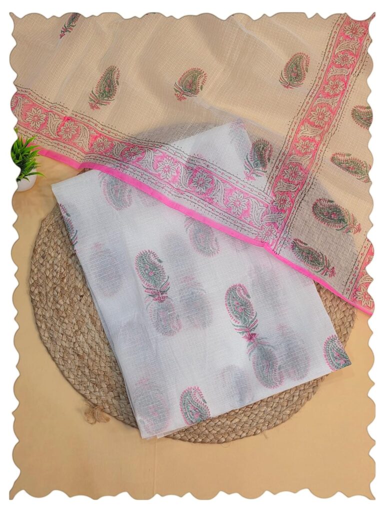 Women's Kota Doria Suit Set Hand Block Printed Traditional Handicraft Dress Material 2.5 Meter Top & 2.5 Meter Dupatta No Bottom (Handloom Cloth Store) HCS29HBPDM1