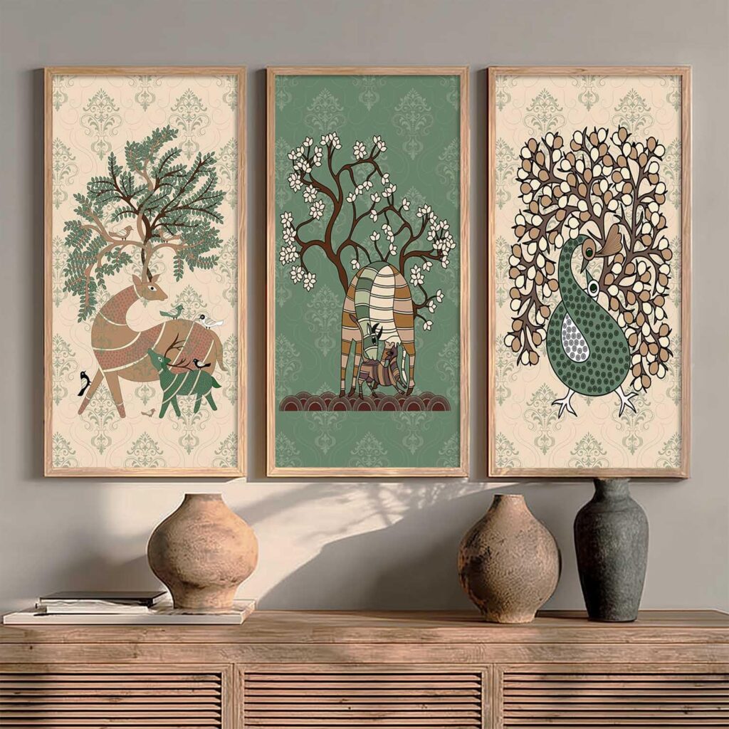 kotart Indian Art Wall Painting Madhubani Home Decoration Frame With For Living Room Bed Room Hotel Wall Decor Digital Reprint Engineered Wood Set of 3 (Art 1, (10X19 inch), Framed)