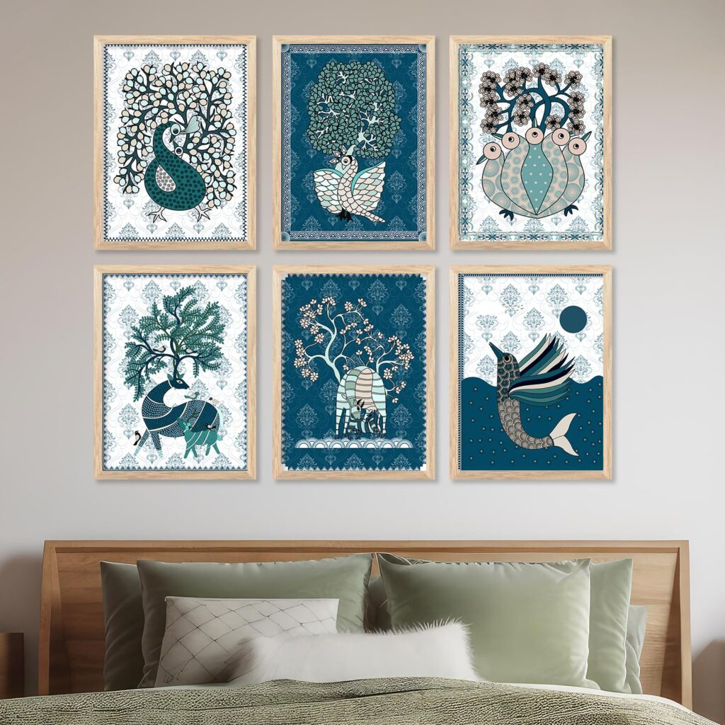 walllane - Madhubani Modern wall art painting with frame for home decoration/Wall decor paintings for living room, Framed poster (13x17 inch, E)