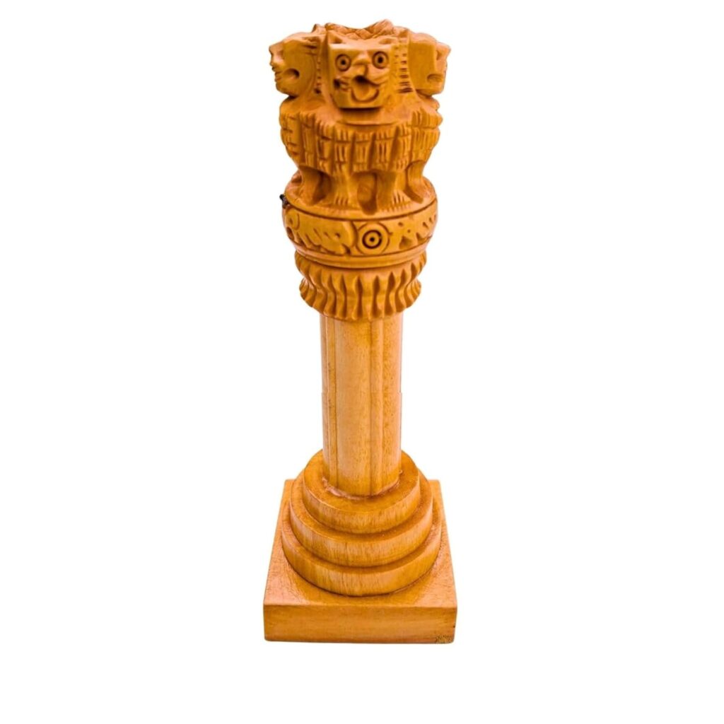 Ashoka Pillar Wooden Desk Decor 12 Inch | National Emblem India Showpiece | Handcrafted for Office, Home & Study Table