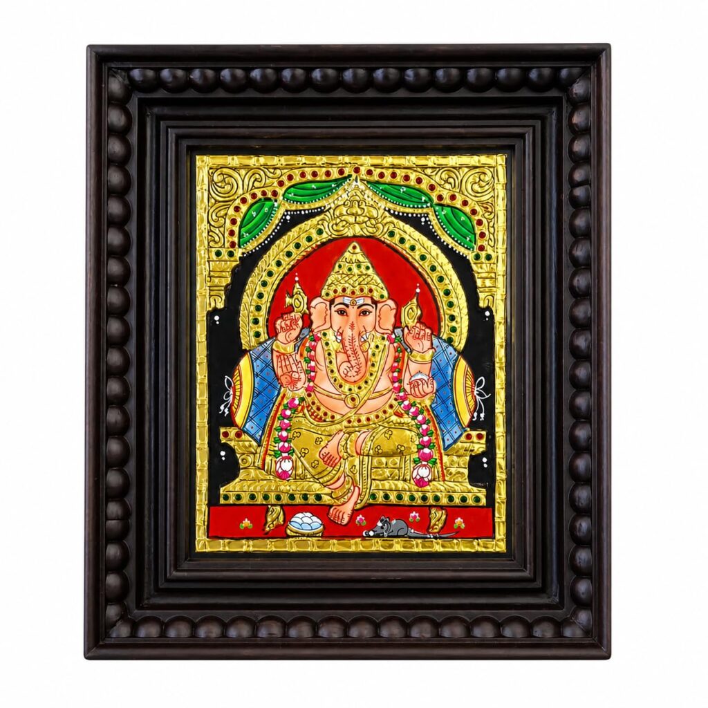 Dharaniva handicrafts Thanjavur Sytle Ganesha Painting | Traditional Tanjore Art | Wooden Frame | Home Decor & Gift Item | Made in India