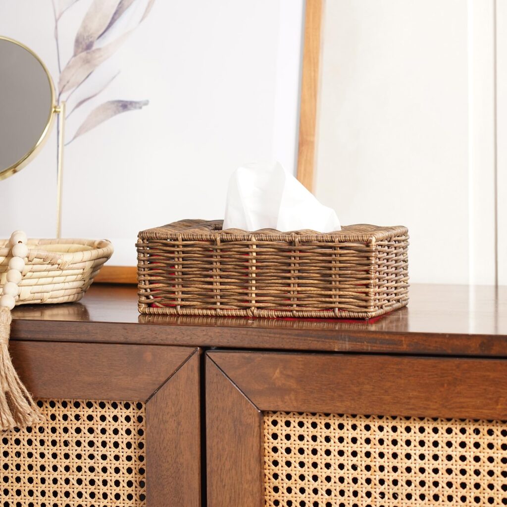 Pure Home + Living Light Brown Wicker Tissue Box Cover Wicker,Resin Tissue Box Holder,Handcrafted Tissue Dispenser for Office, Living, Bedroom, Desk, Dining Table, Home Decor (Rectangle, Light Brown)