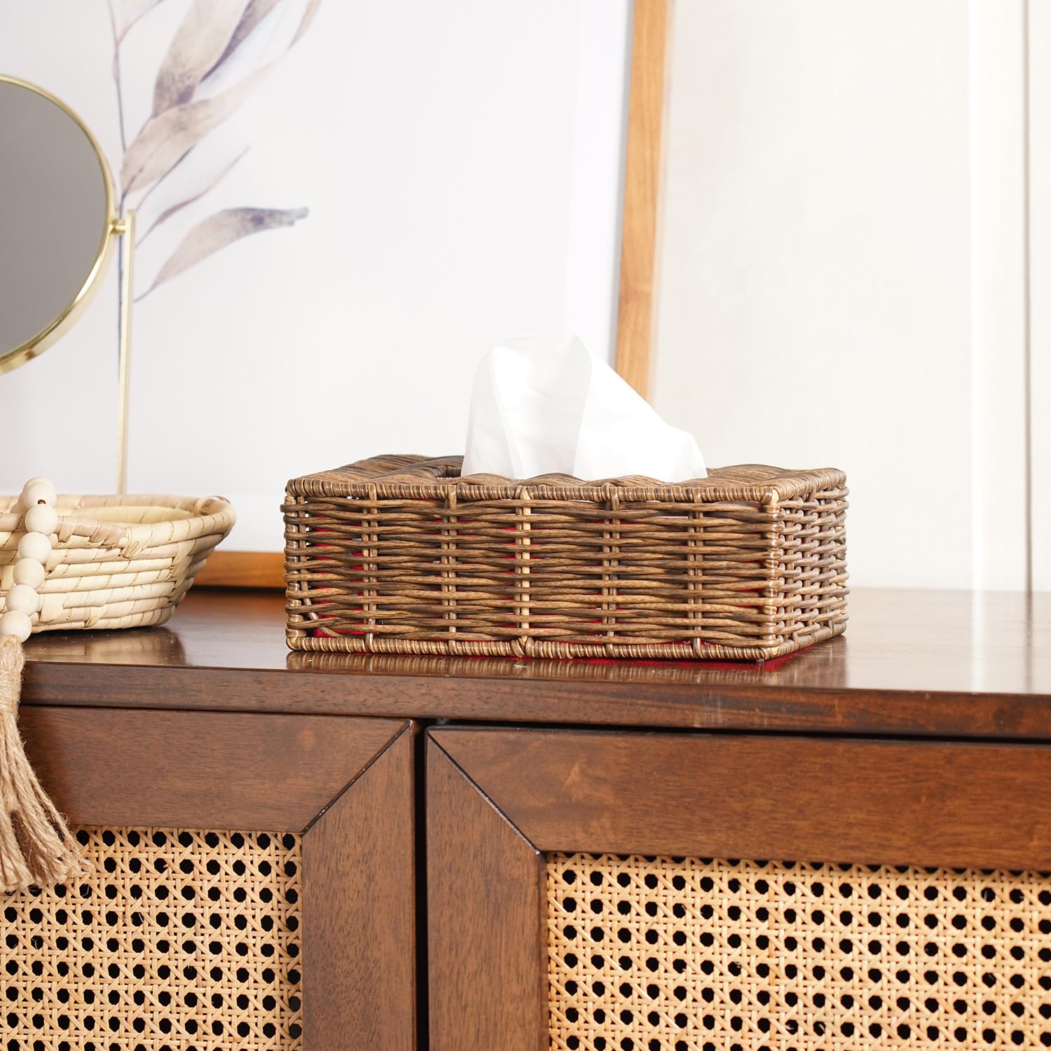 Pure Home + Living Light Brown Wicker Tissue Box Cover Wicker,Resin Tissue Box Holder,Handcrafted Tissue Dispenser for Office, Living, Bedroom, Desk, Dining Table, Home Decor (Rectangle, Light Brown)
