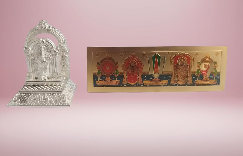 Sri Sisters Perumal Balaji Idol with Shanku Chakra Namam Magnet Combo Set | Sri Venkateswara Tirupati Balaji Silver Finish Idol for Home Pooja, Fridge & Office Decor