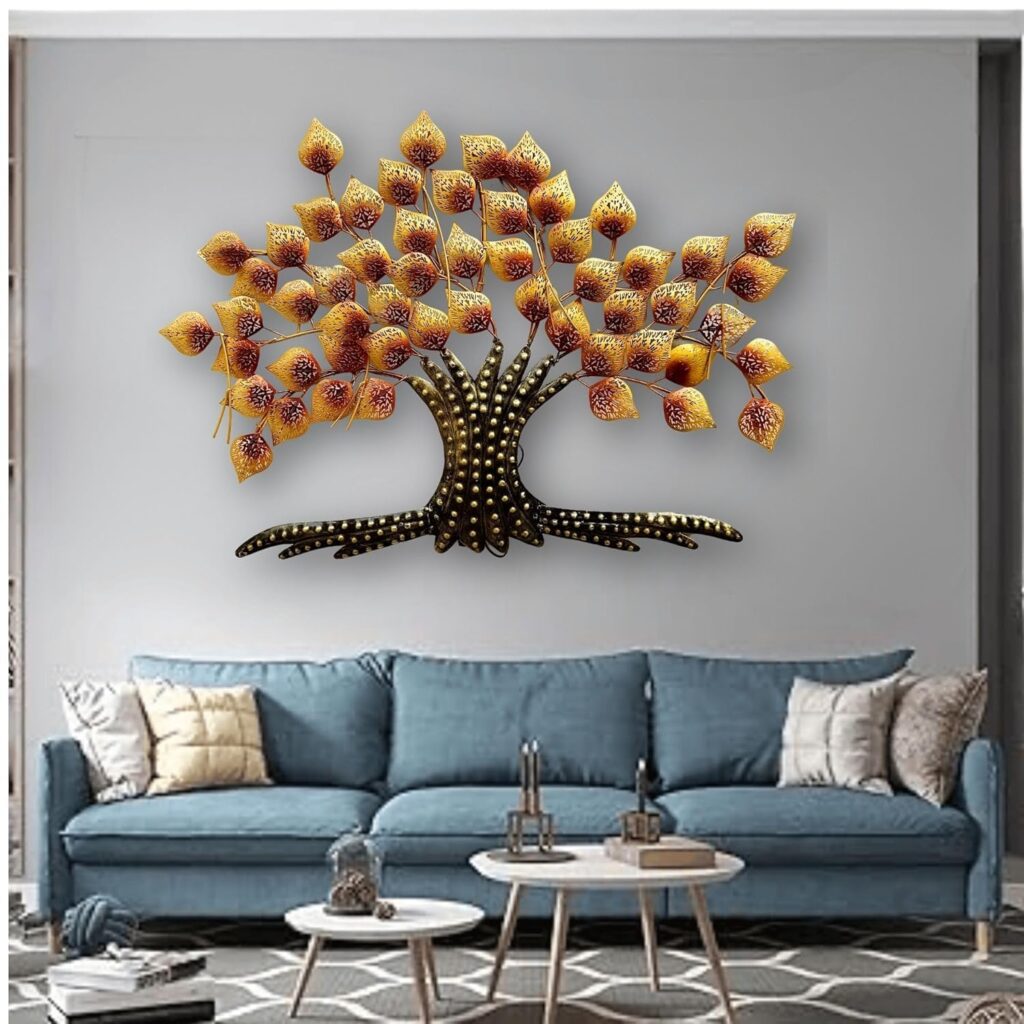 ZXC Metal Tree With LED Wall Decor Wall Art, Golden Leaf Design, Decorative Wall Hanging, 3D Handcrafted Home Decor For Size-36 * 2 * 25 INCH