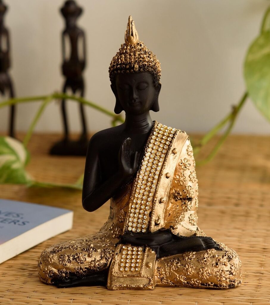 eCraftIndia Handcrafted Meditating Lord Buddha Polyresin Idol (15 cm x 7.5 cm x 20 cm, Golden) (MSGB532)