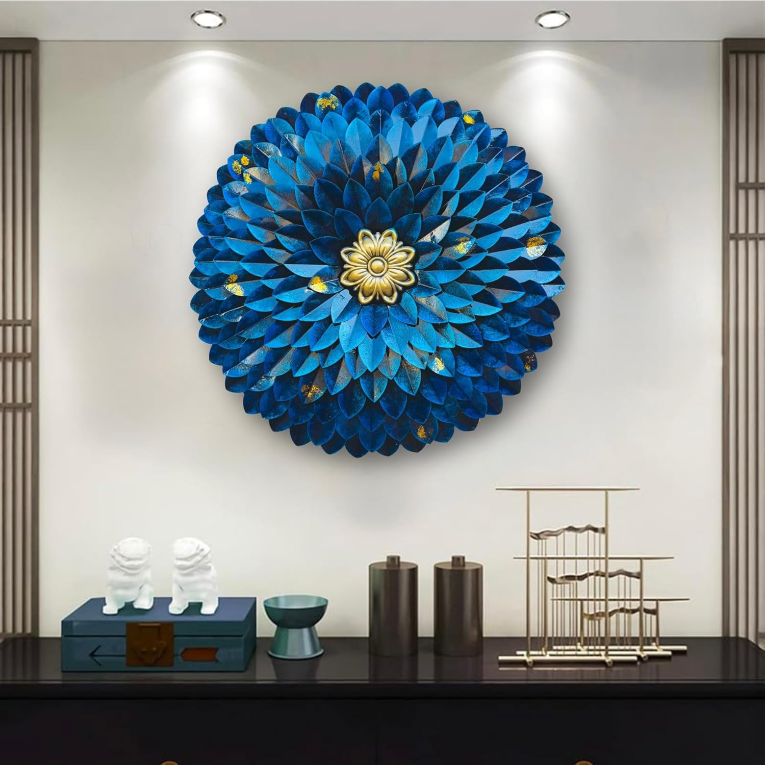 pranjals house Rustic Blue Flower Metal Wall Art Frame, Wall Hangings for Home Decoration, Wall Sculpture for Living Room, Wall Hanging Decorative Items for Bedroom (Size: 24X24IN)