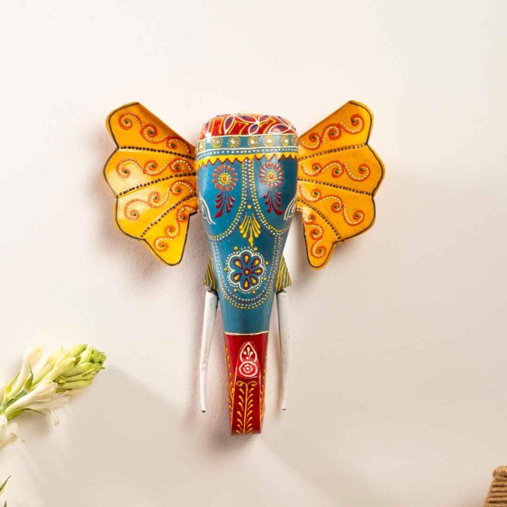 ATRANGI STUDIO Handpainted Wooden Elephant Wall Decor | Ethnic Wooden Wall Art | Symbol of Strength & Wisdom | Wall Hanging for Home, Corridor & Balcony | Ready to Hang | 11 Inch, Turquoise