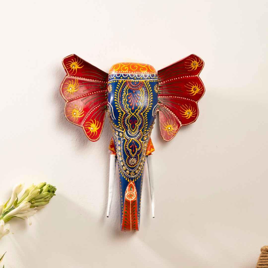 ATRANGI STUDIO Handpainted Wooden Elephant Wall Decor | Ethnic Wooden Wall Art | Symbol of Strength & Wisdom | Wall Hanging for Home, Corridor & Balcony | Ready to Hang | 11 Inch, Blue