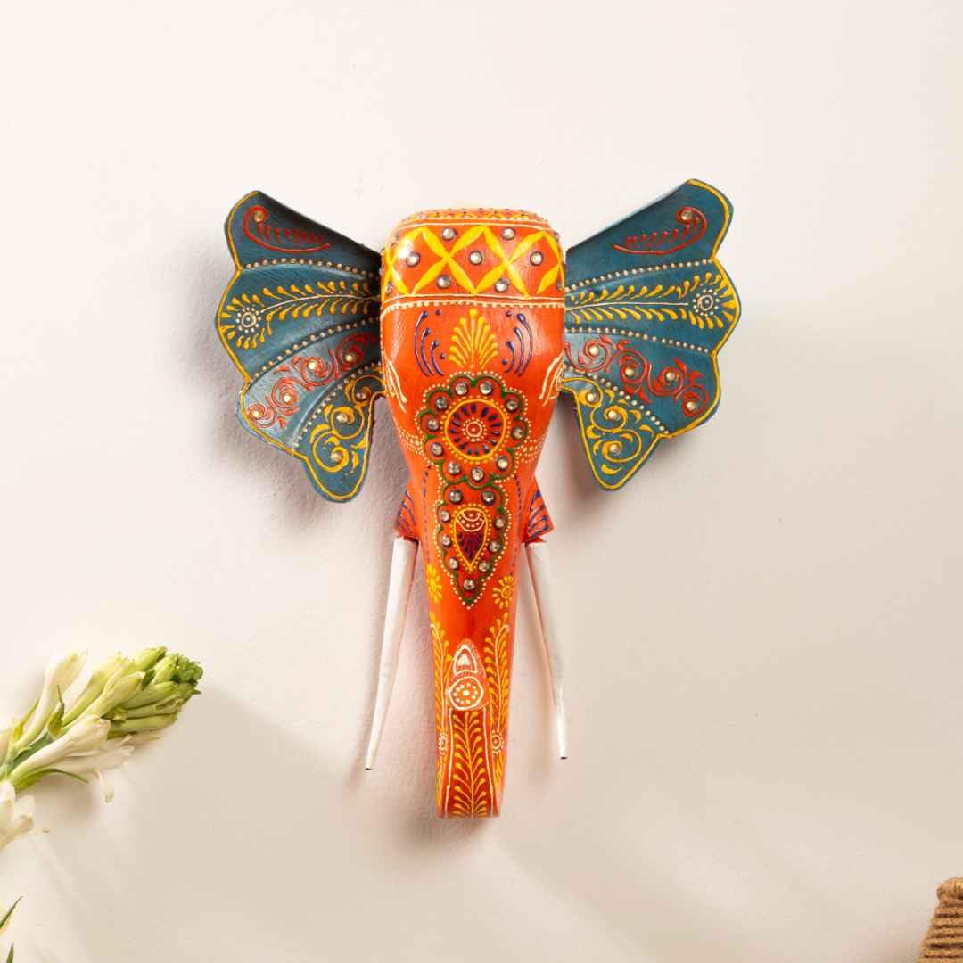 ATRANGI STUDIO Handpainted Wooden Elephant Wall Decor | Ethnic Wooden Wall Art | Symbol of Strength & Wisdom | Wall Hanging for Home, Corridor & Balcony | Ready to Hang | 11 Inch, Orange