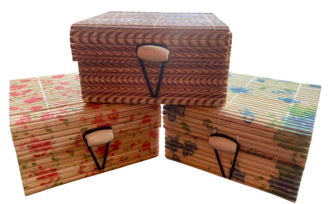 Awesome Assam Handicrafts Collection- Small & Cute Utility Bamboo Box Set of 3 (Casket, 8cm L x 8cm W x 4cm H)