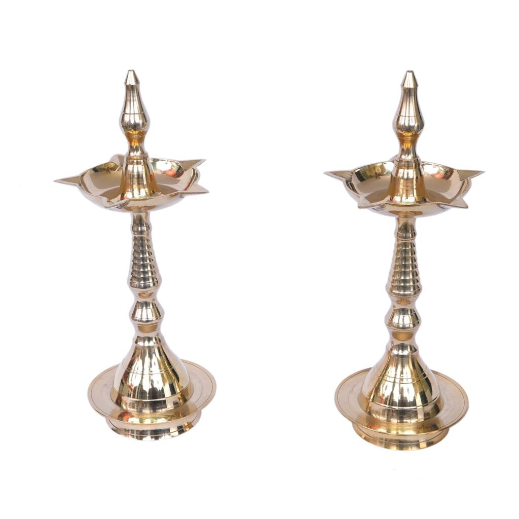 Brass Puja Oil Diya - Set of 2, Gold India Brass Fancy Kerala Diya Oil Lamp Home Decoration Items Temple Festival Gifts Indian Puja Articles (Size 11 Inch, Golden)