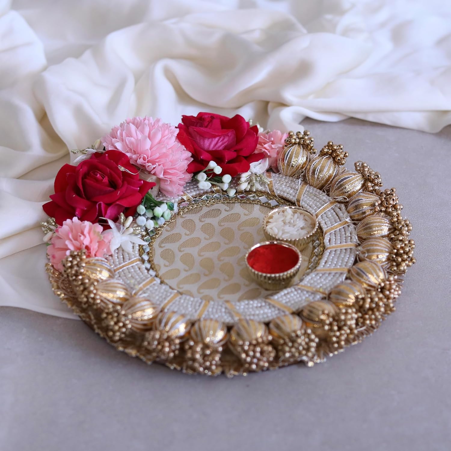 Handcrafted 2-VATI Festive Pooja THALI #27 with Flowers. Pearls and JHUMKI Beads - for Festivals, Weddings and PUJA