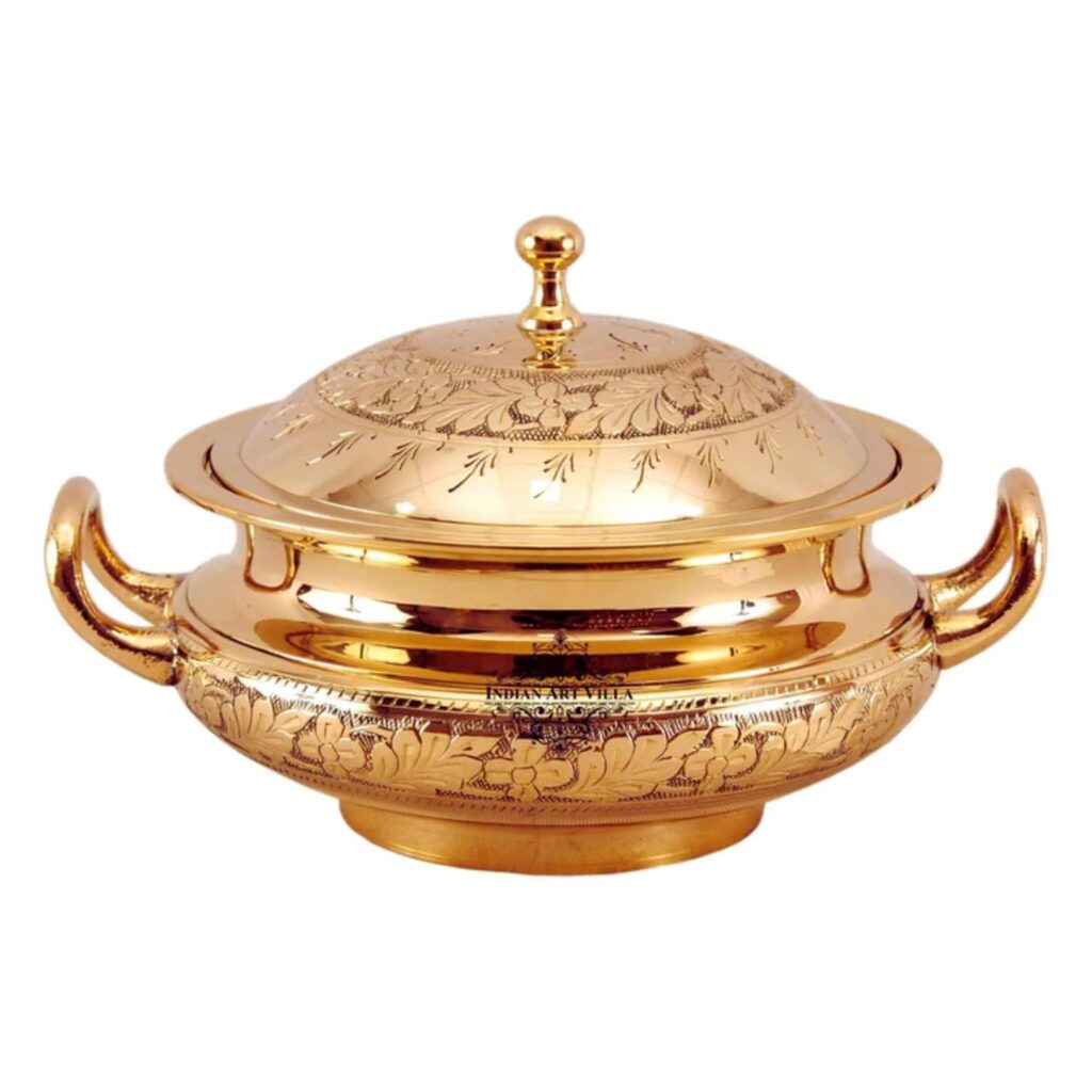 INDIAN ART VILLA Brass Mughlai Embossed Design Casserole with Lid for Decoration Tableware, Home, Hotel, Restaurant (1200 ml)