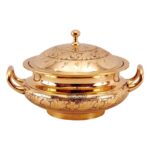 INDIAN ART VILLA Brass Mughlai Embossed Design Casserole with Lid for Decoration Tableware, Home, Hotel, Restaurant (1200 ml)