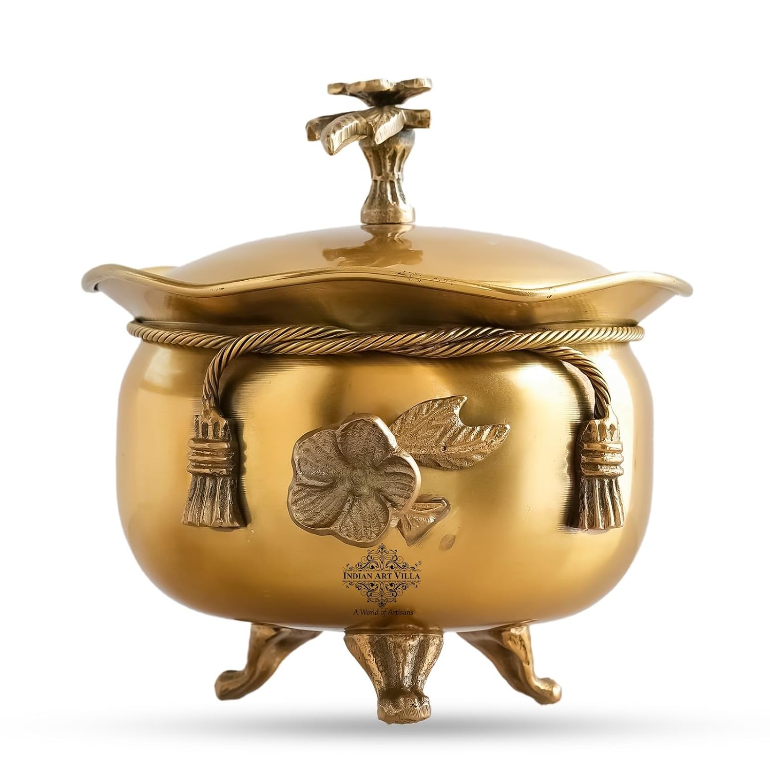 INDIAN ART VILLA Pure Brass Ribbon Bow Design Design Handi/Casserole with Designer Lid and 3 Legs, Serveware, Volume - 250 ML