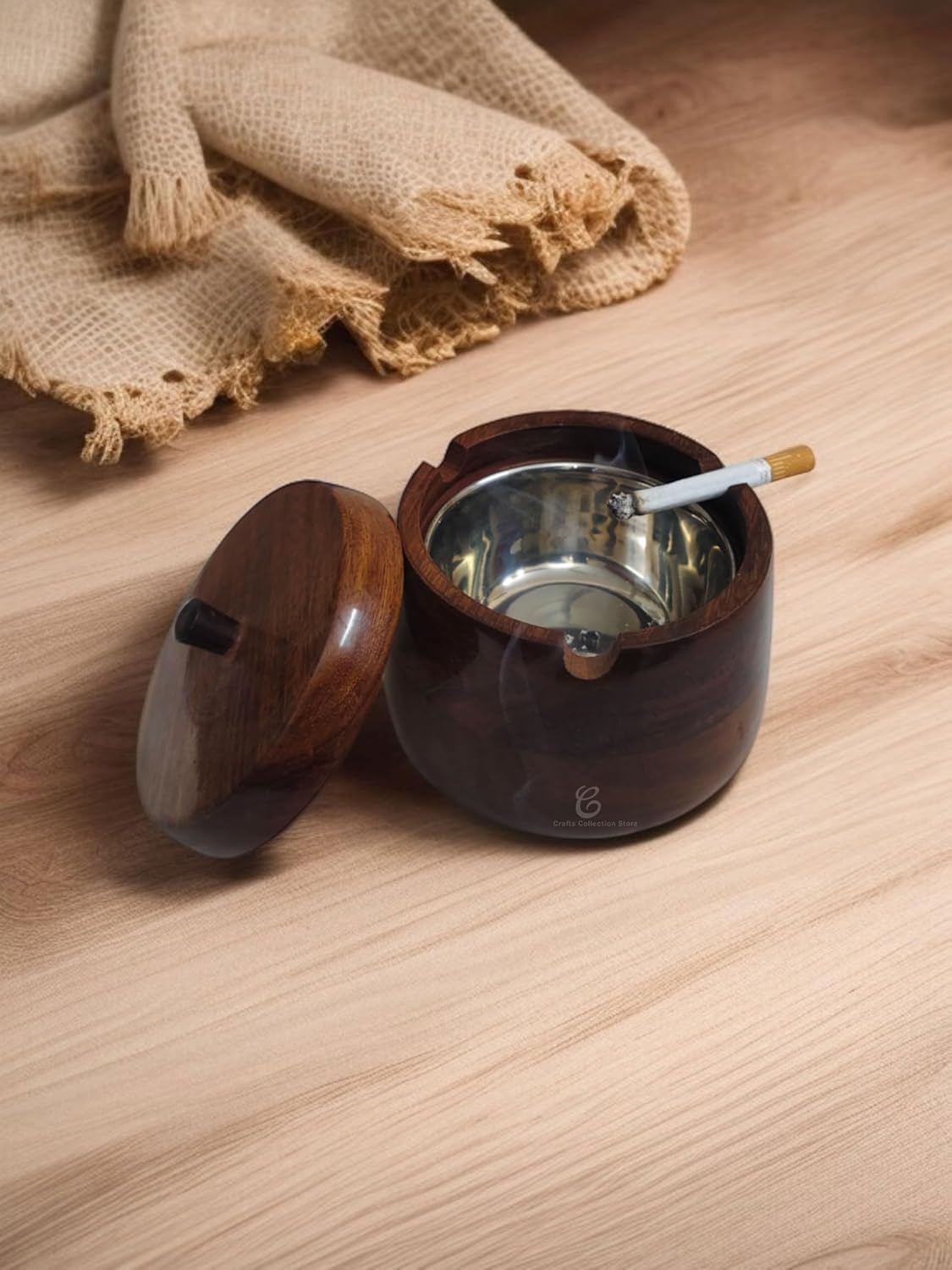 India Handmade Wooden Round Bowl Shaped Home and Office Ashtray for Cigar and Cigarettes Elevate your smoking experience with this Handicraft wooden ashtray bowl designed,1pc