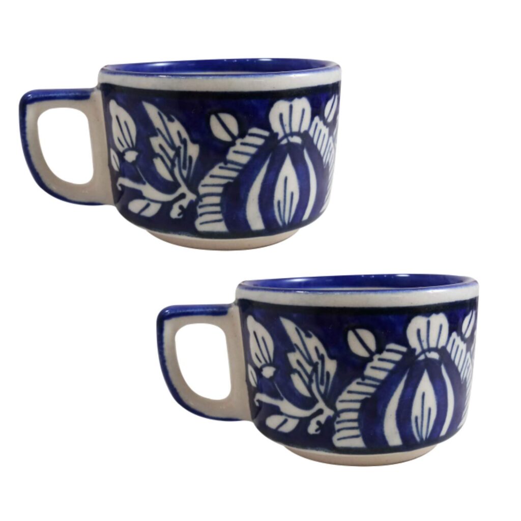 India Meets India Ceramic Tea Cup 100 ML Handicraft by Awarded Indian Artisan (Blue, 2)