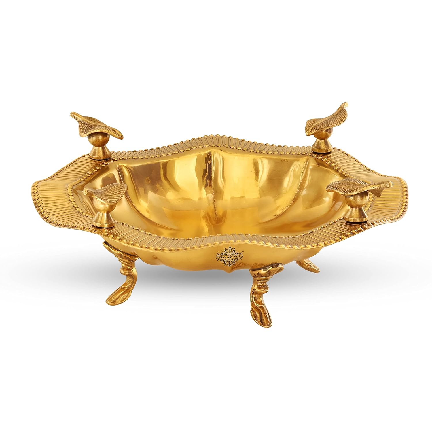 Indian Art Villa Brass Leaf Design Decorative Round Shape Designer Tray 13.5"x4.9" with 4 Designer Standing Legs