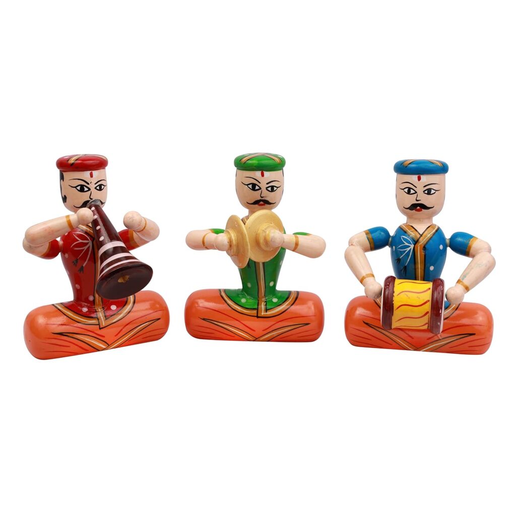 Indian Handcrafted Traditions of Sounth India Different Cultures Figurines Playing Instruments Wooden Idol Showpiece for Home Decor
