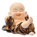 Karigaari India Handcrafted Resine Little Sleeping Laughing Buddha Monk with Potli Sculpture | Showpiece for Home Décor and Office, Brown