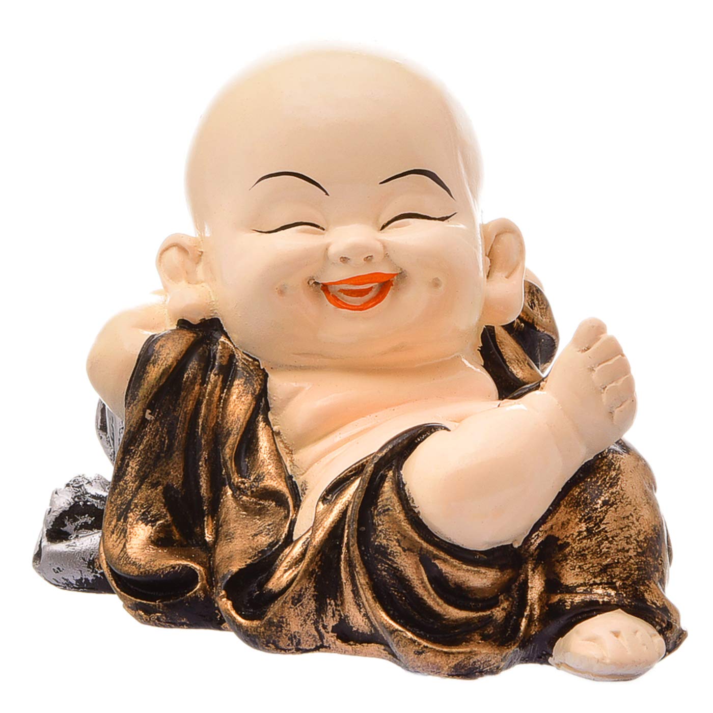 Karigaari India Handcrafted Resine Little Sleeping Laughing Buddha Monk with Potli Sculpture | Showpiece for Home Décor and Office, Brown
