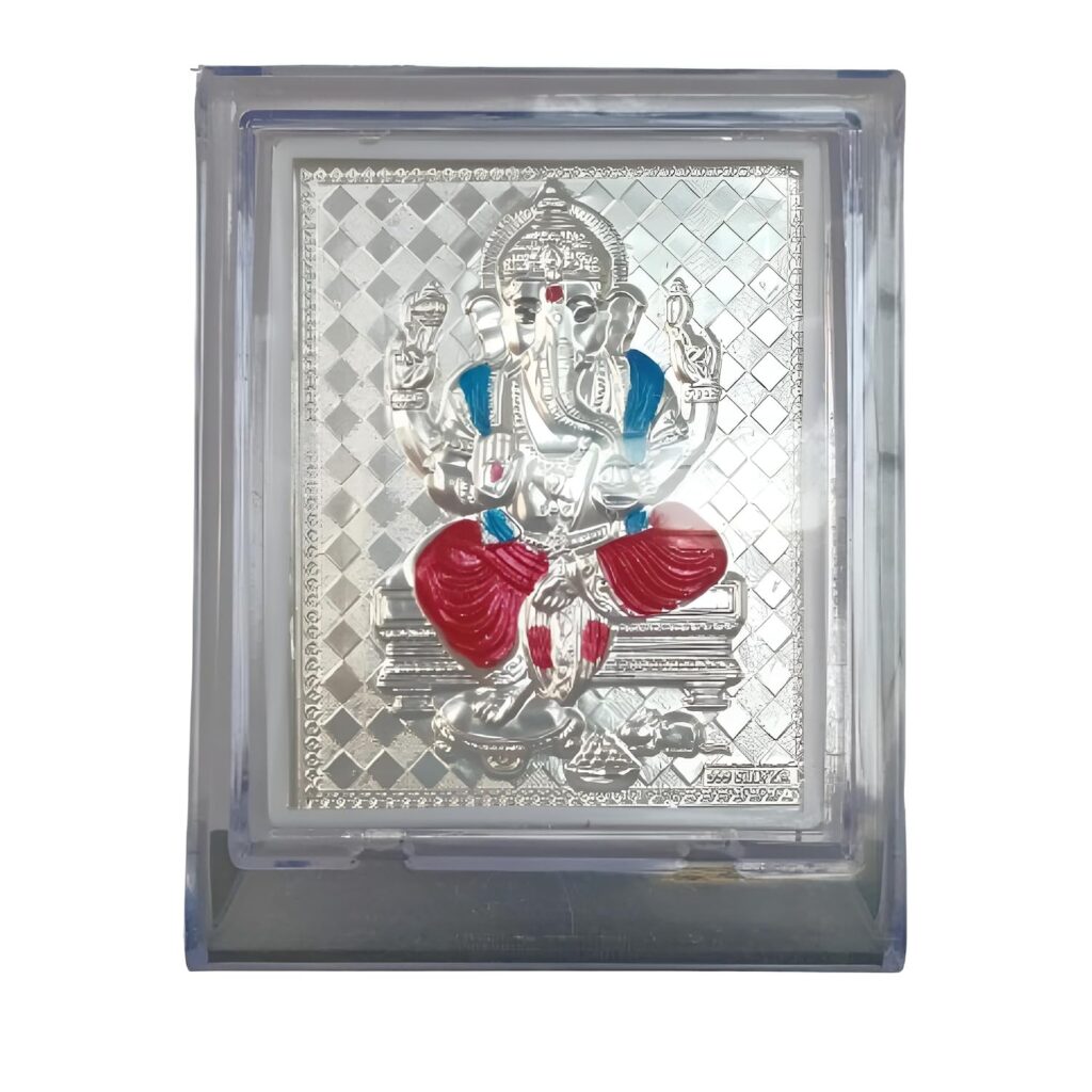 Sri Sisters 999 Silver Plated Ganesh Idol Frame for Car Dashboard, Home Temple, Office, Pooja Room | Compact Ganpati Photo with Acrylic Stand (11x8 cm, Multicolor)