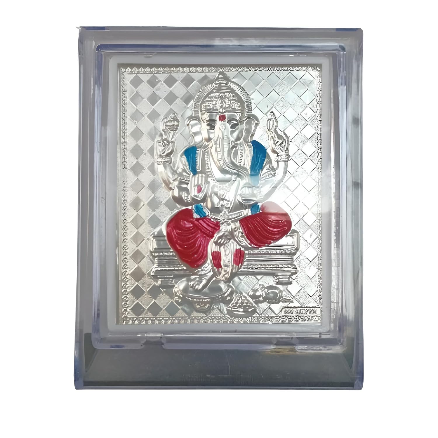 Sri Sisters 999 Silver Plated Ganesh Idol Frame for Car Dashboard, Home Temple, Office, Pooja Room | Compact Ganpati Photo with Acrylic Stand (11x8 cm, Multicolor)
