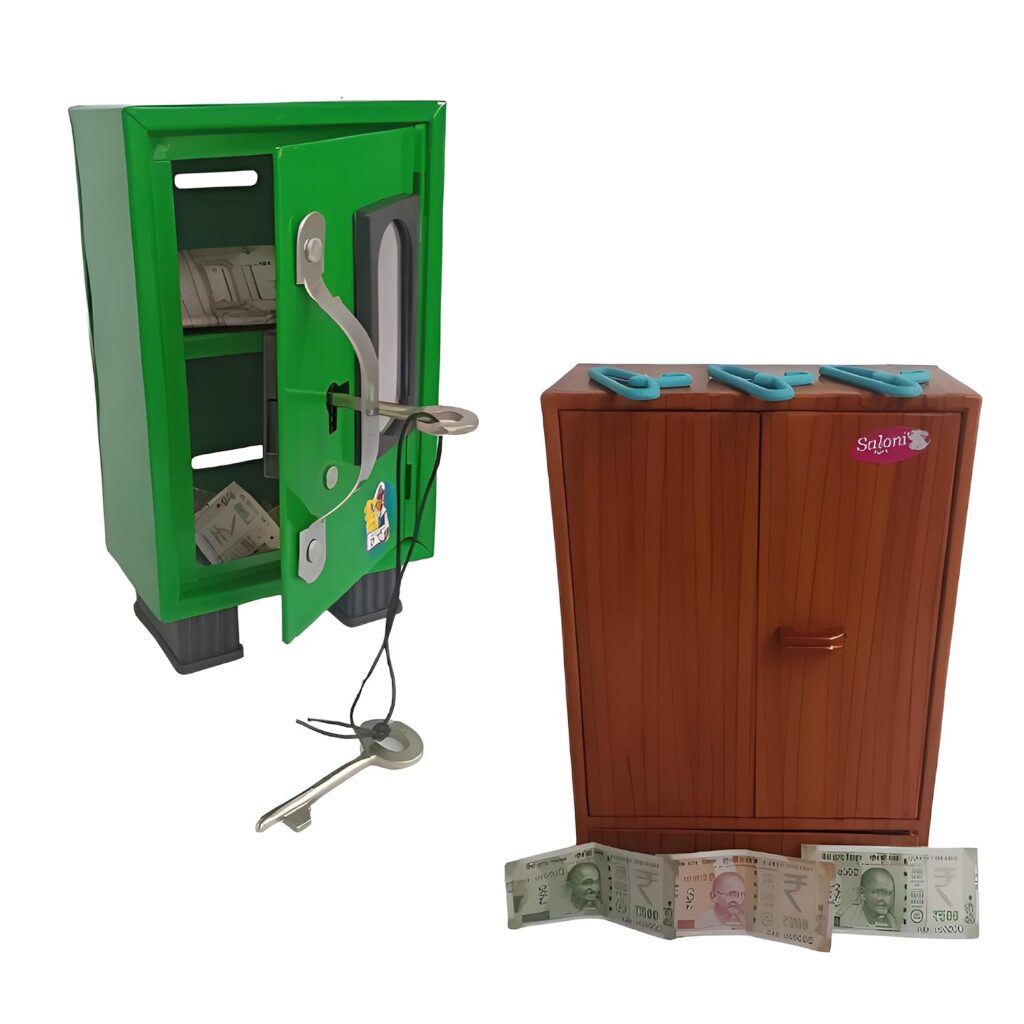 Sri Sisters Kids Combo – Iron Money Saving Box with Lock & Key (14x10 cm) + Storewell Miniature Wardrobe Toy with Drawer, Hangers & Dummy ₹500/₹200 Notes (15x10 cm)