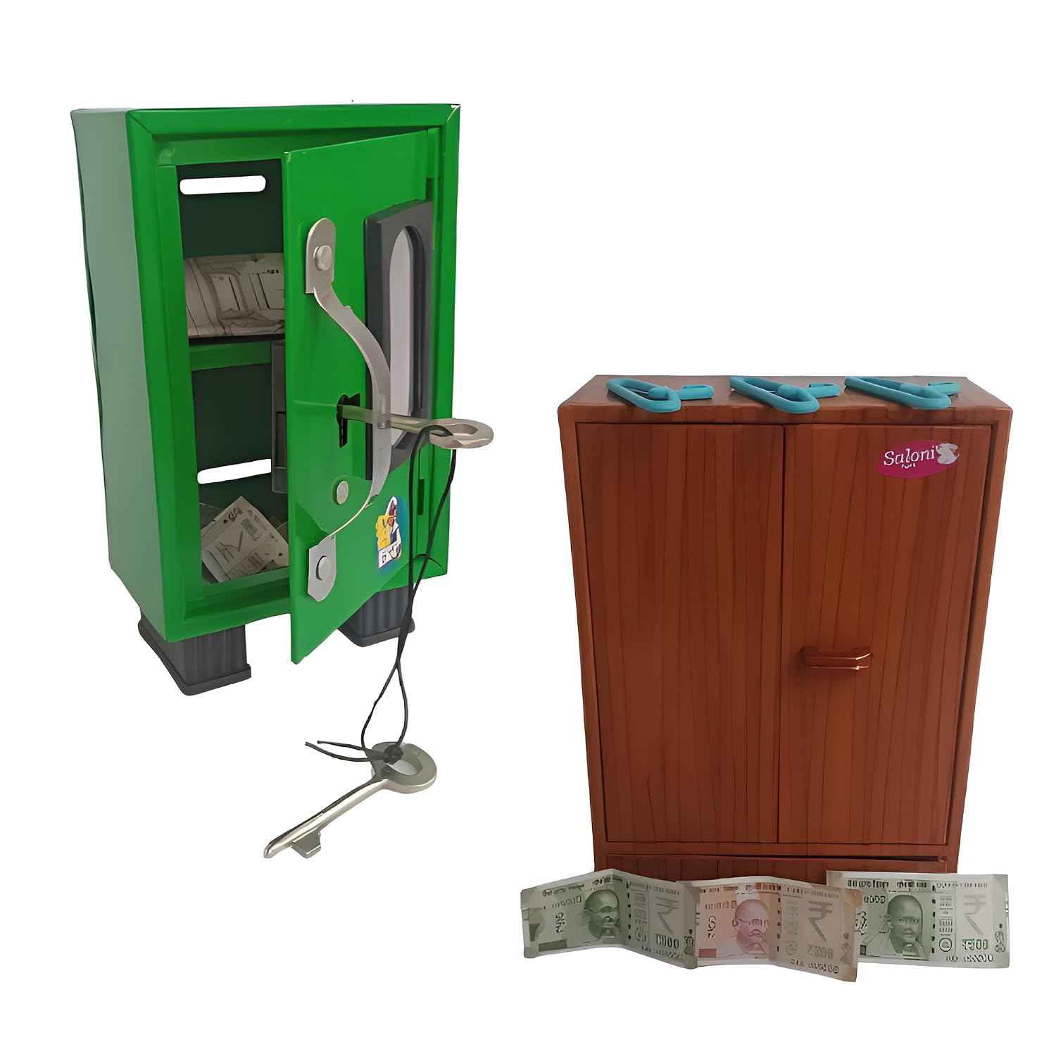 Sri Sisters Kids Combo – Iron Money Saving Box with Lock & Key (14x10 cm) + Storewell Miniature Wardrobe Toy with Drawer, Hangers & Dummy ₹500/₹200 Notes (15x10 cm)