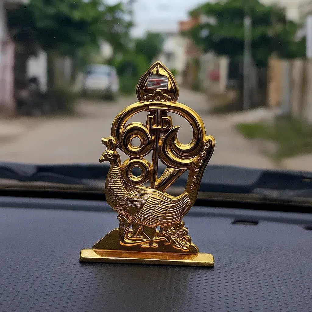 Sri Sisters Metal Divine Murugan Om Vel with Peacock Idol | Gold-Plated Miniature for Car Dashboard, Home Decor & Pooja Room | 7 cm
