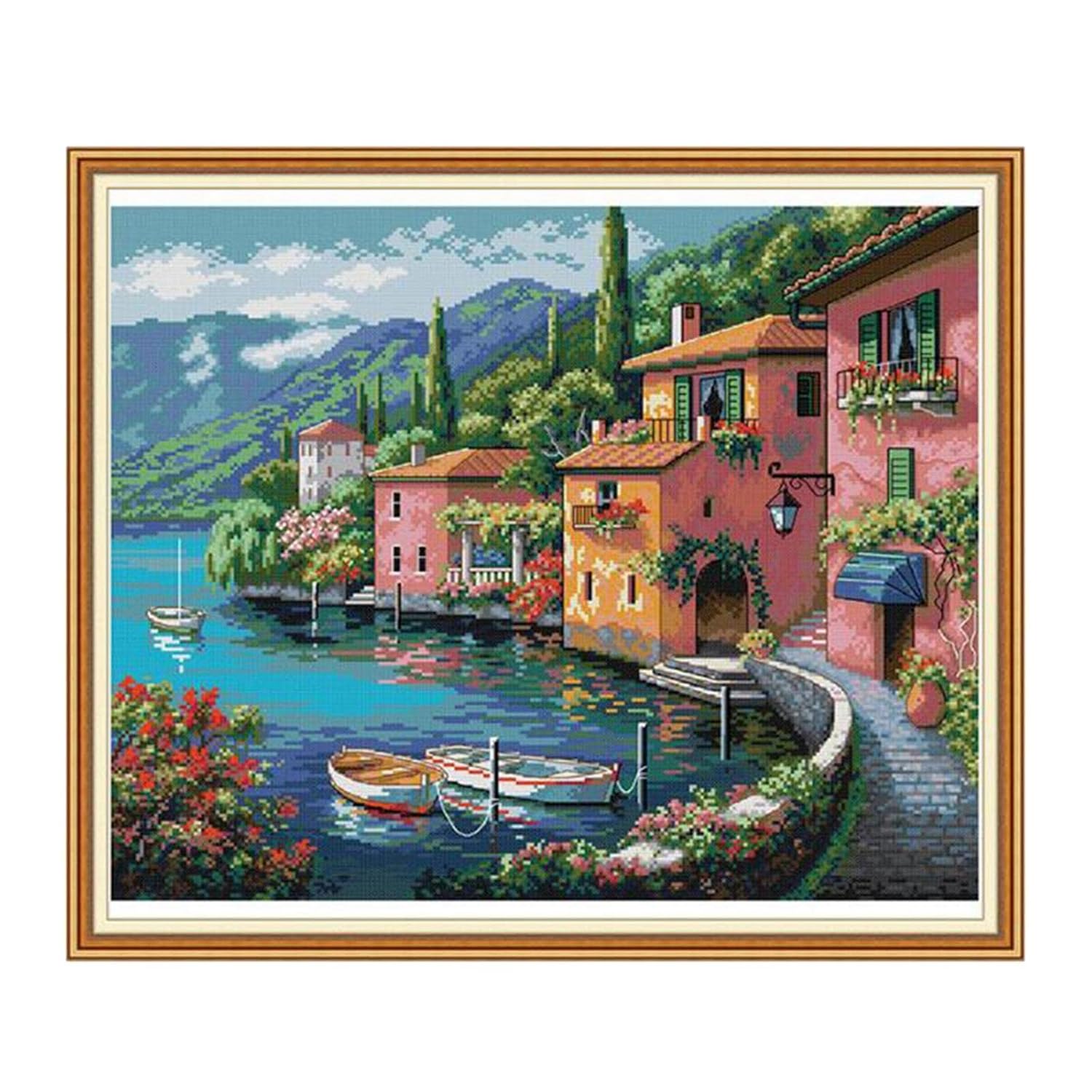 VELURA Stamped Cross Stitch Kit Small Town Pattern Embroidery Crafts 52x44cm 14CT|1 Set of Stamped Cross Stitch Kit| Hand Embroidery Kits | Embroidery & Cross Stitch | Needlecrafts & Yarn |Crafts