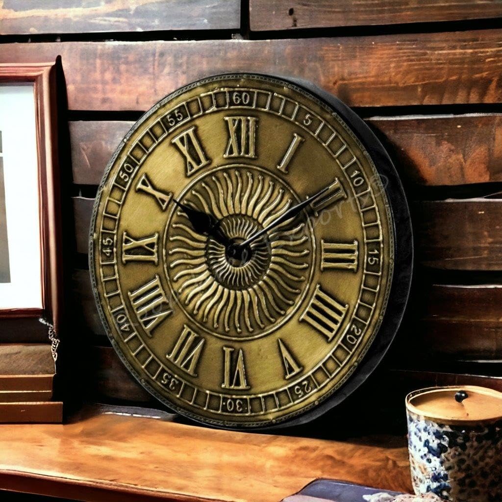 Vintage Handicraft Decorative Wooden Brass Inlay Artware/Handcrafted Sun Design Wall Art Clock/VC-8005-8