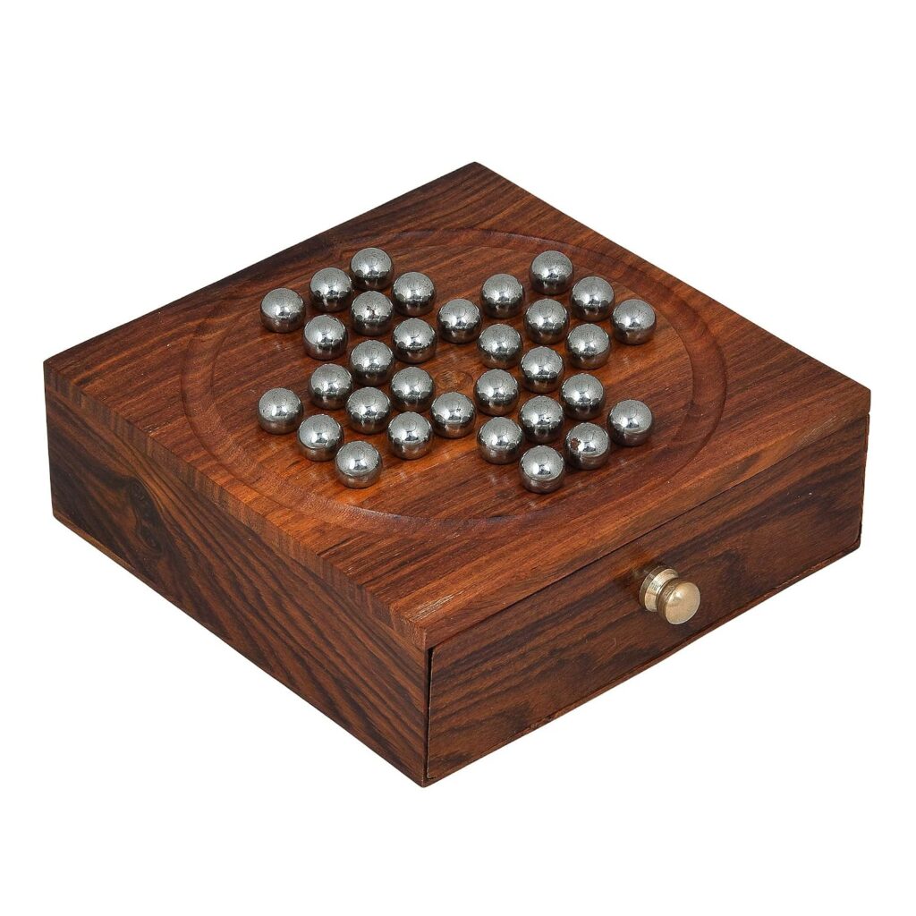 Fine Craft India Wooden Handcrafted Solitaire Board Game Metal Balls Beads with Storage Drawer (Brown, Small) for 11+ Years