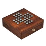 Fine Craft India Wooden Handcrafted Solitaire Board Game Metal Balls Beads with Storage Drawer (Brown, Small) for 11+ Years