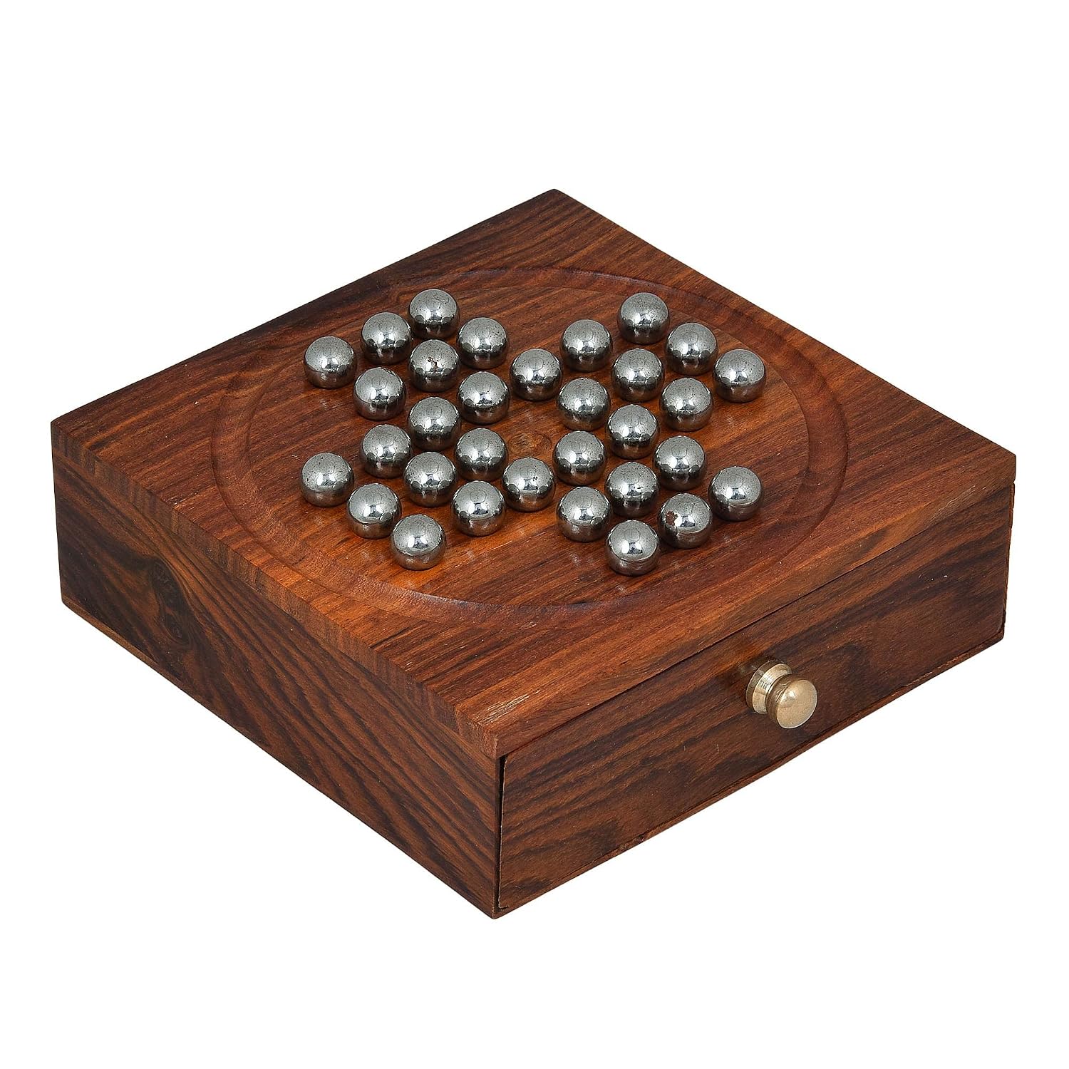 Fine Craft India Wooden Handcrafted Solitaire Board Game Metal Balls Beads with Storage Drawer (Brown, Small) for 11+ Years