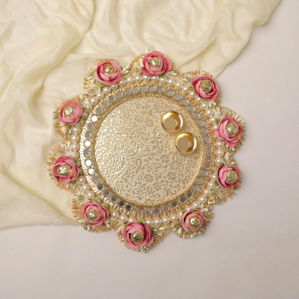 Handcrafted 2-VATI Festive Pooja THALI #36 with Lace, Flowers, Beads and Mirrors - for Festivals, Weddings and PUJA