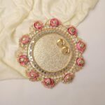 Handcrafted 2-VATI Festive Pooja THALI #36 with Lace, Flowers, Beads and Mirrors - for Festivals, Weddings and PUJA