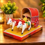 Handcrafted Traditional Indian Bullock Cart Figurine with Two White Oxen, Red Cart with Arched Canopy, Decorative Base, Home Décor, Bailgadi.
