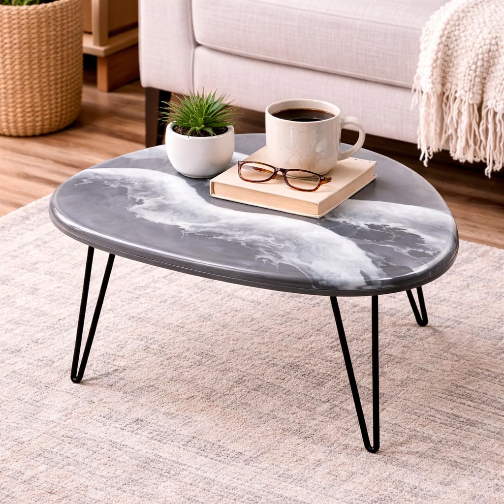 Handmade Coffee Table – Resin Art Ocean Coastal Side & Centre Table for Living Room, Bedroom & Balcony Decor (Gray White, 60 x 60 x 45 cm)