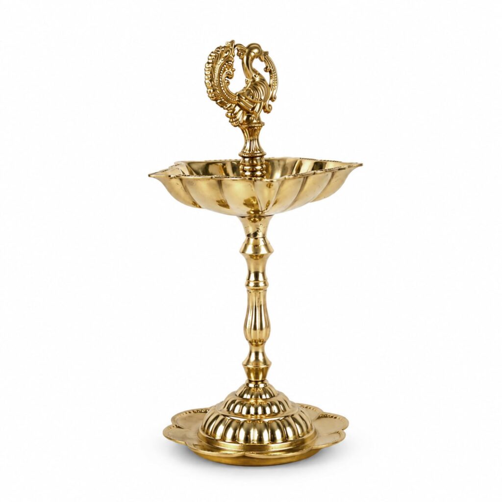 Kerala Fancy Brass Diya for Puja, Traditional Peacock Design Oil Lamp, Handmade Brass Deepak for Home Temple, Pooja Room, Diwali Decor & Gifting, 16.5x8 cm