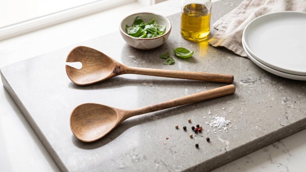 Pure Mango Wood Salad Servers Set - 11.5 Inch Organic Wooden Salad Tongs and Spatula Utensils - Toxin Free Chemical Free Handmade Serving Spoons for Mixing Tossing