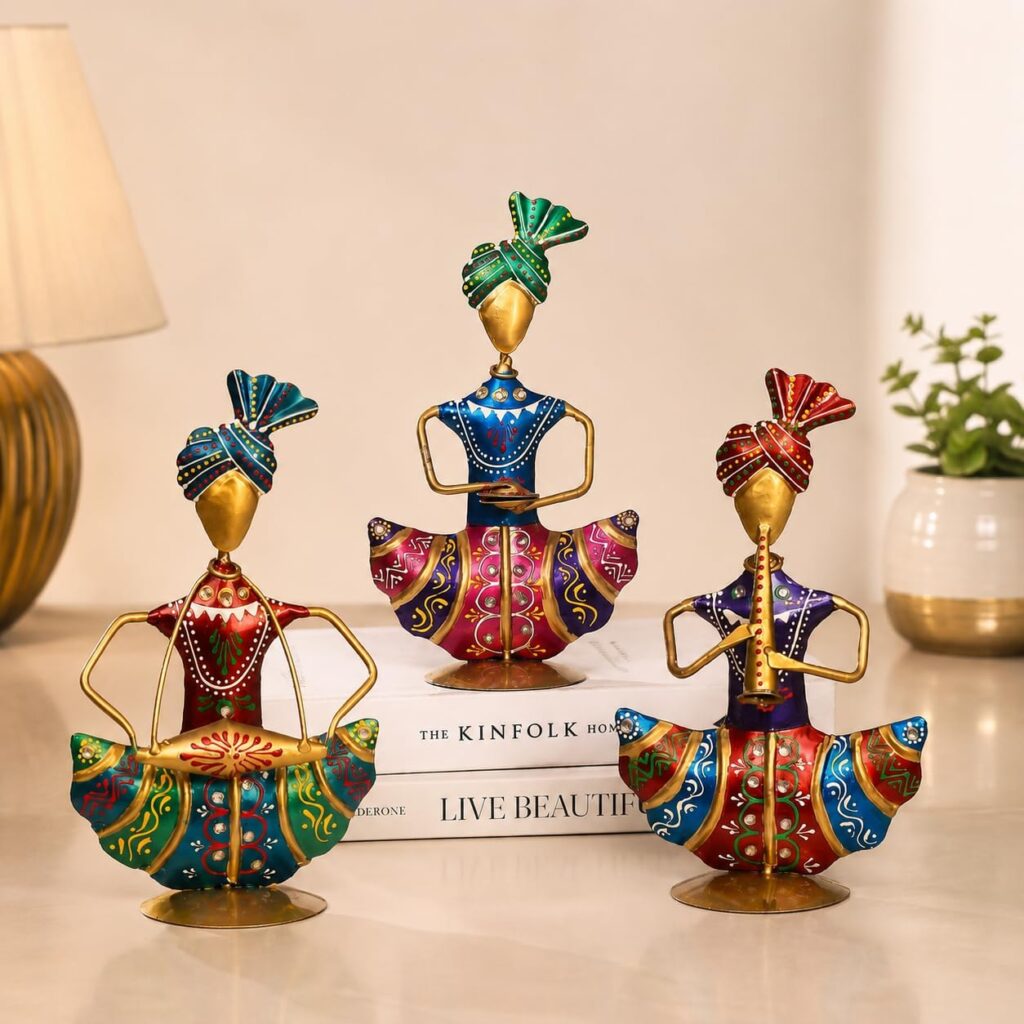 Rajasthani Musician Figurines Iron Metal Sitting Sardar Showpiece Set Traditional Indian Handicraft Decorative Items for Living Room Table Office Desk Pack of 3
