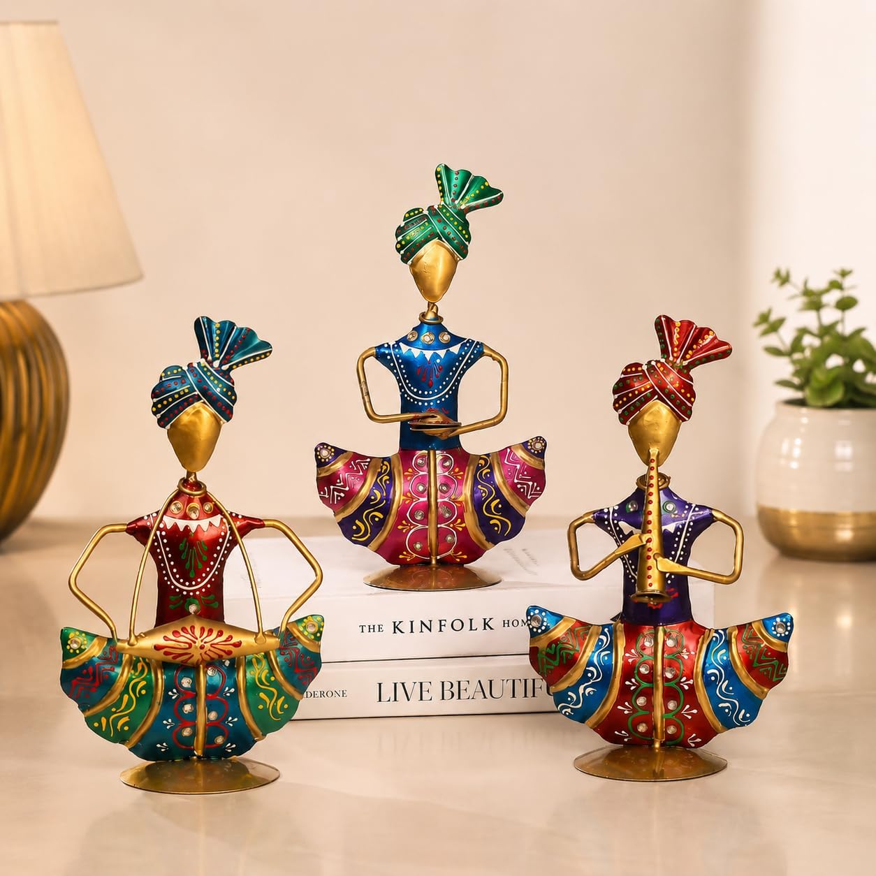 Rajasthani Musician Figurines Iron Metal Sitting Sardar Showpiece Set Traditional Indian Handicraft Decorative Items for Living Room Table Office Desk Pack of 3