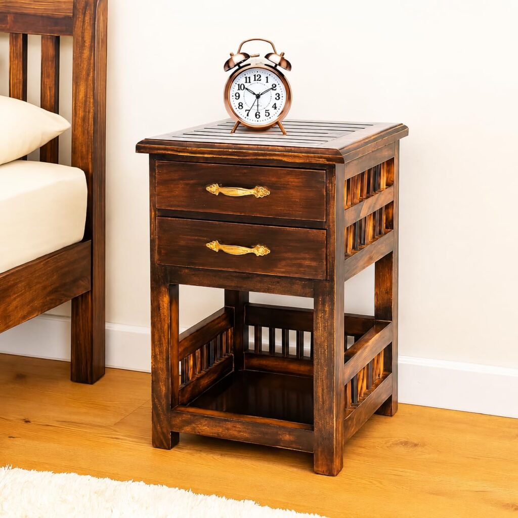 Solid Wood Bedside Table, Wooden Night Stand with 2 Drawers & Open Storage Shelf Side Table for Living Room and Bedroom Fully Assembled, Walnut Finish, 14 x 14 x 21 Inch