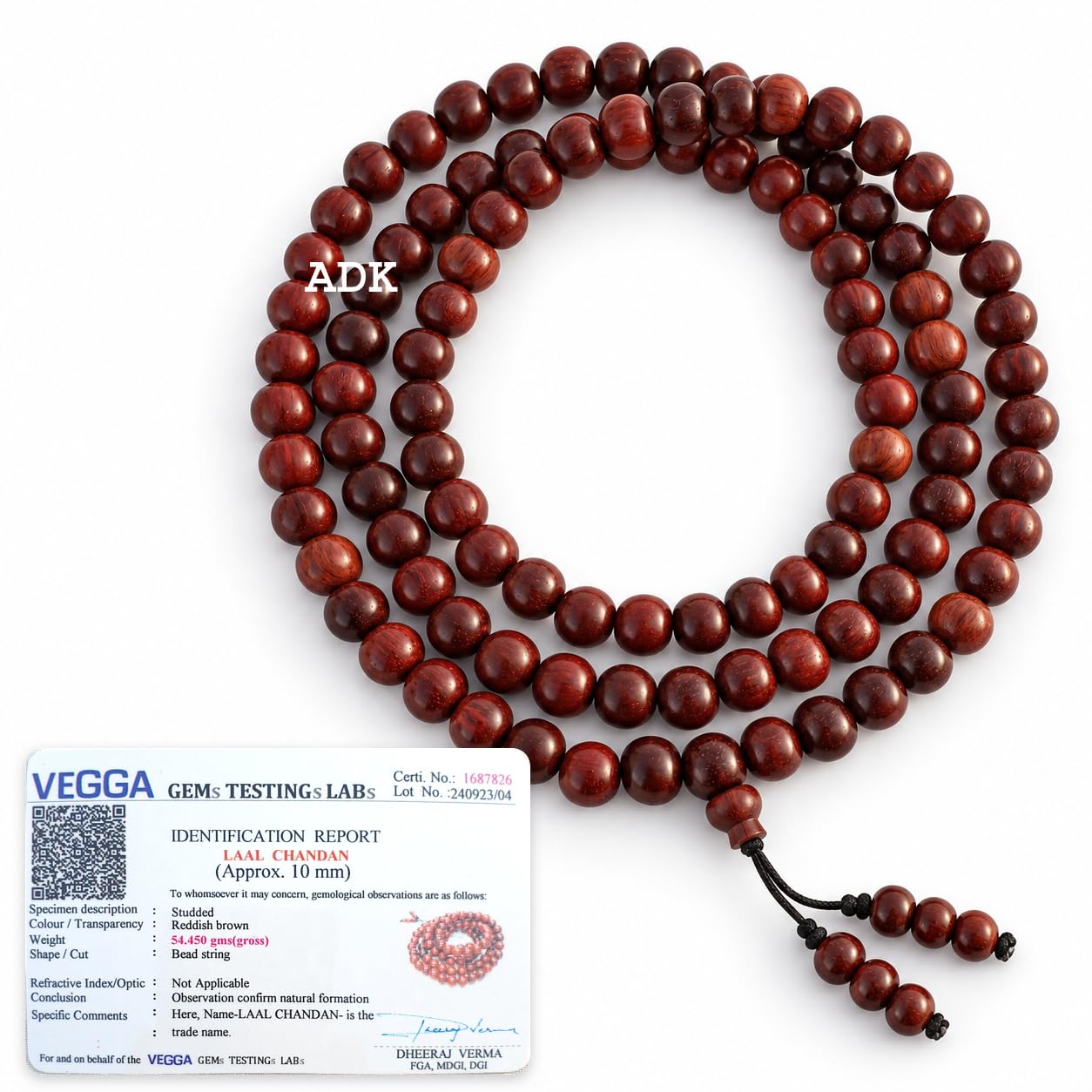 ADK Handicrafts Original Red Sandalwood Mala, Lab Certified Lal Chandan Mala, 108+1 Beads for Japa, Pooja, Meditation and Prayer, Gifting 10MM