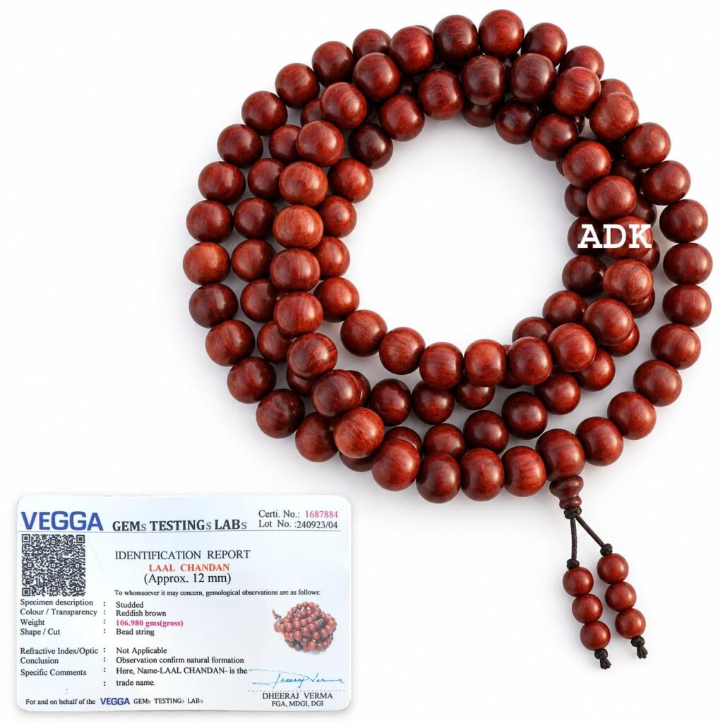 ADK Handicrafts Original Red Sandalwood Mala, Lab Certified Lal Chandan Mala, 108+1 Beads for Japa, Pooja, Meditation and Prayer, Gifting 12MM
